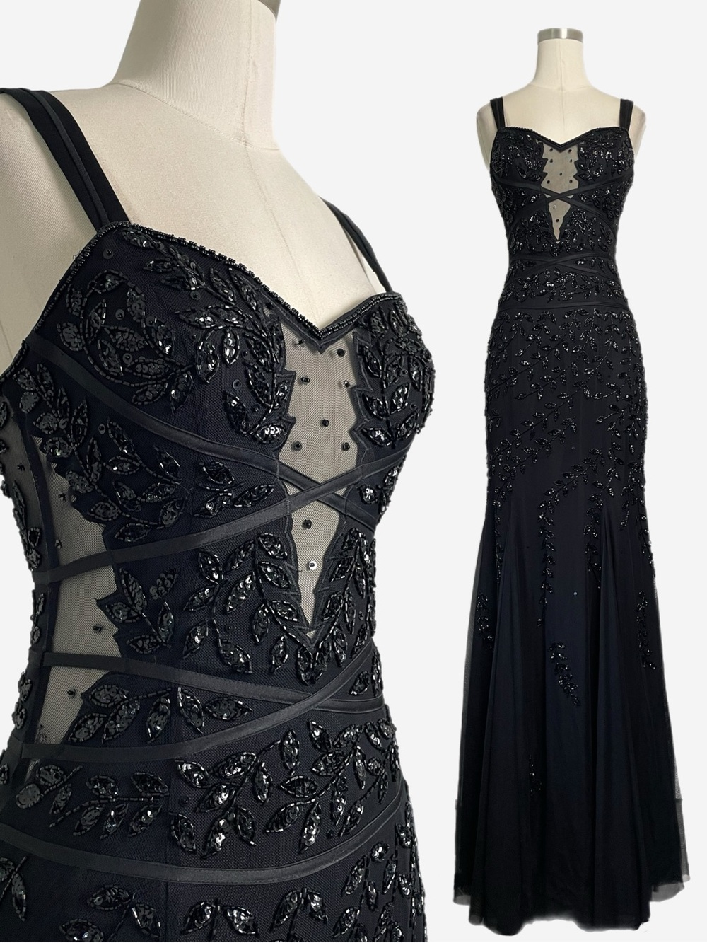Cache black floral beaded sheer mesh paneled mermaid ball gown dark fairy XS